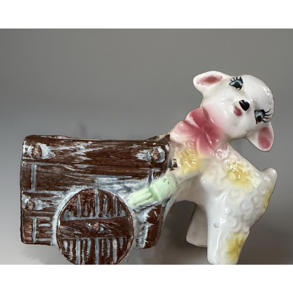 Lamb w/Cart Planter Retro 1950s Nursery Decor VG